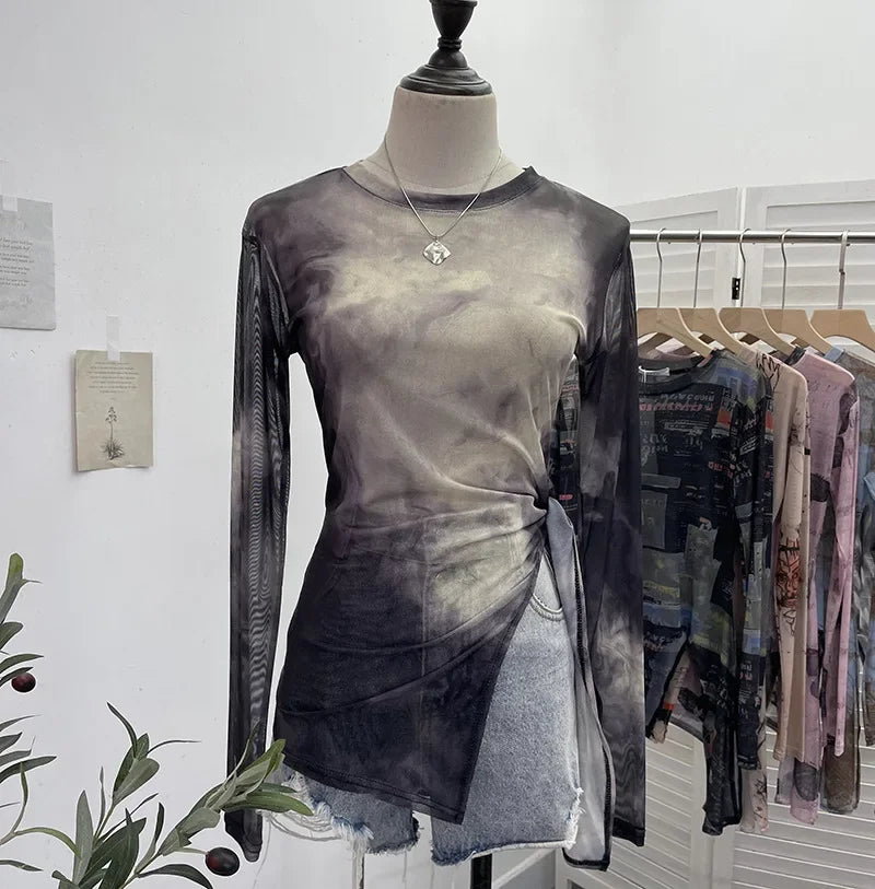 Pydshop Women's Retro Tie Dye Printed Mesh Bottoming Long Sleeve Top Sexy See-through Irregular Strappy Short T-Shirt Party Streetwear