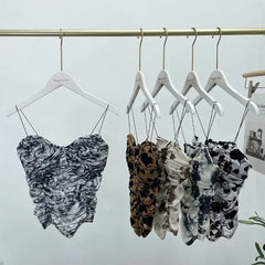 Pydshop Women Retro Tie Dye Printed Spaghetti Strap Camisole Sexy Mesh Pleated Short Tube Top With Breast Pads Sleeveless Casual Y2K Top