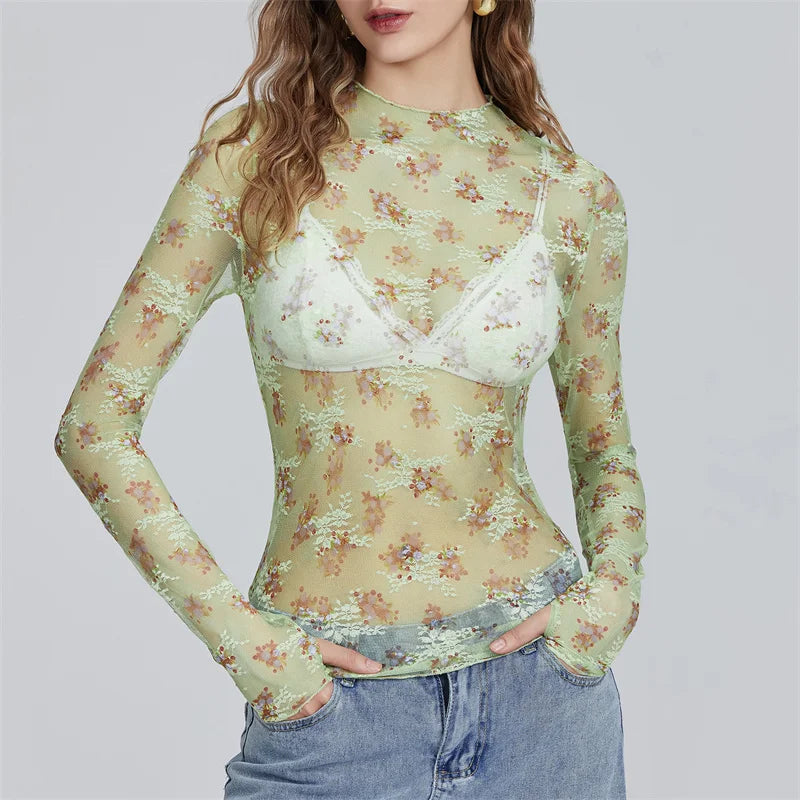 Pydshop Chic Sheer Tops for Women Long Sleeve Mock Neck Lace Mesh Top Sexy See Through Floral Tee Shirt Layering Blouse Y2k Streetwear