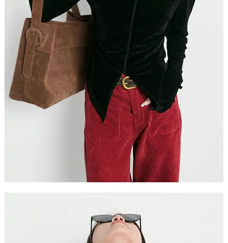 Pydshop Front Side-slit Solid Color Soft Long Sleeve Top