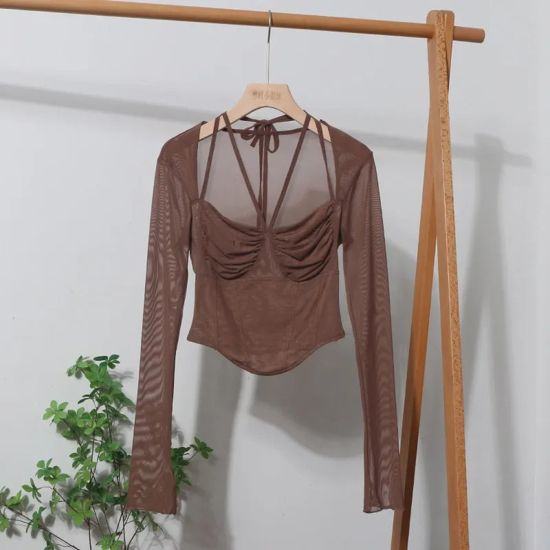Pydshop Women Square Neck Tie Halter Mesh See Through Long Sleeve T-shirt Sexy Lce Up Slim Fit Short Slit Cuff Top PartyClub Streetwear