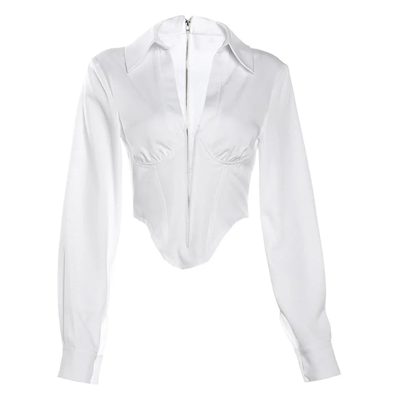 Pydshop Deep V Neck Cover-up Turn Collar Solid Crop Top