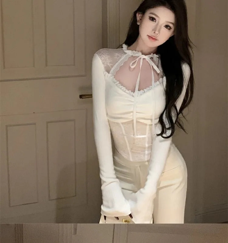 Pydshop Lace Patchwork Hollow Out Long Sleeved Knitted Tops Women Sexy Irregular Slim Fit T-shirts 2024 New  Sleeve Black Tee Shirt