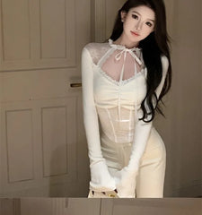Pydshop Lace Patchwork Hollow Out Long Sleeved Knitted Tops Women Sexy Irregular Slim Fit T-shirts 2024 New  Sleeve Black Tee Shirt