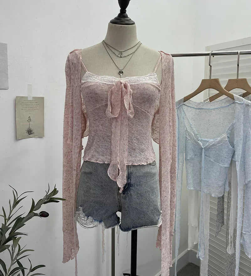 Pydshop Ladies Hottie Lace Bow Lace Up Camisole Short Irregular Streamer Long Sleeve Cardigan Top Knitted Two-Piece Set Y2K Sweety Top