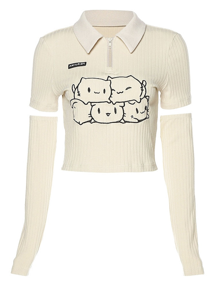 Pydshop Cartoon Print T Shirt Women Summer Lapel Detachable Long-Sleeved Crop Top Korean Style Sweet Kawaii Tops Streetwear Y2K Clothes