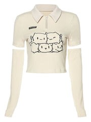 Pydshop Cartoon Print T Shirt Women Summer Lapel Detachable Long-Sleeved Crop Top Korean Style Sweet Kawaii Tops Streetwear Y2K Clothes
