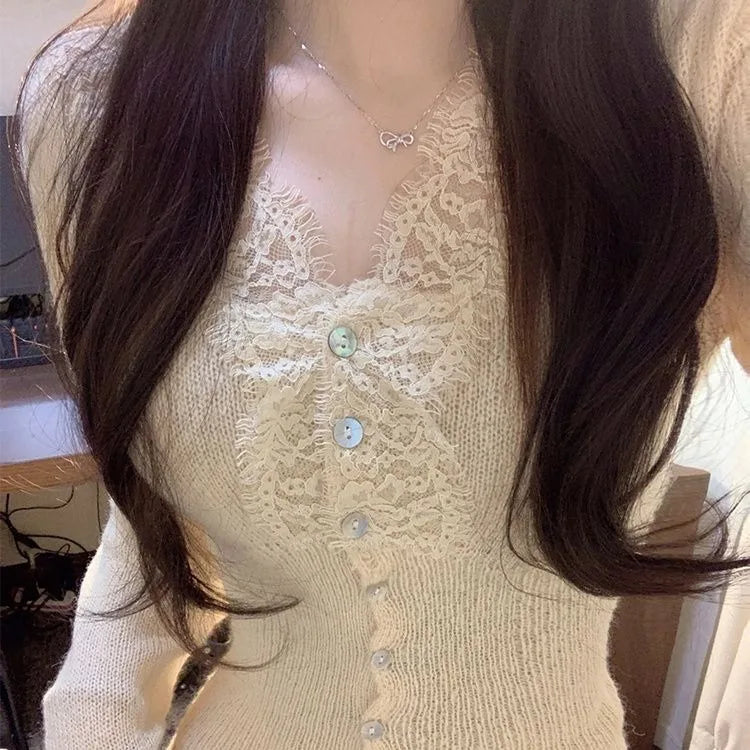 Pydshop Sexy White V-neck Lace Knitted Tops Women 2024 Spring Autumn New Bottoming Cardigan Y2k Slim Fit Long Sleeve Sweaters Mujer