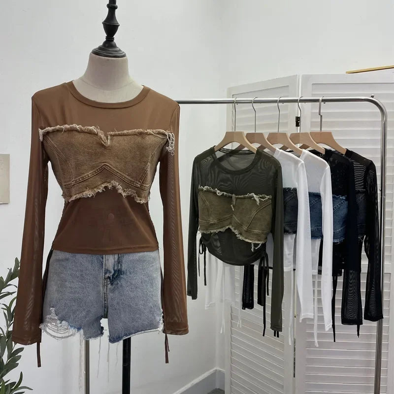 Pydshop Hot Girl American Retro Denim Mesh Patchwork Top Sexy See Through Drawstring Long Sleeve Short T-shirt Party Casual Streetwear