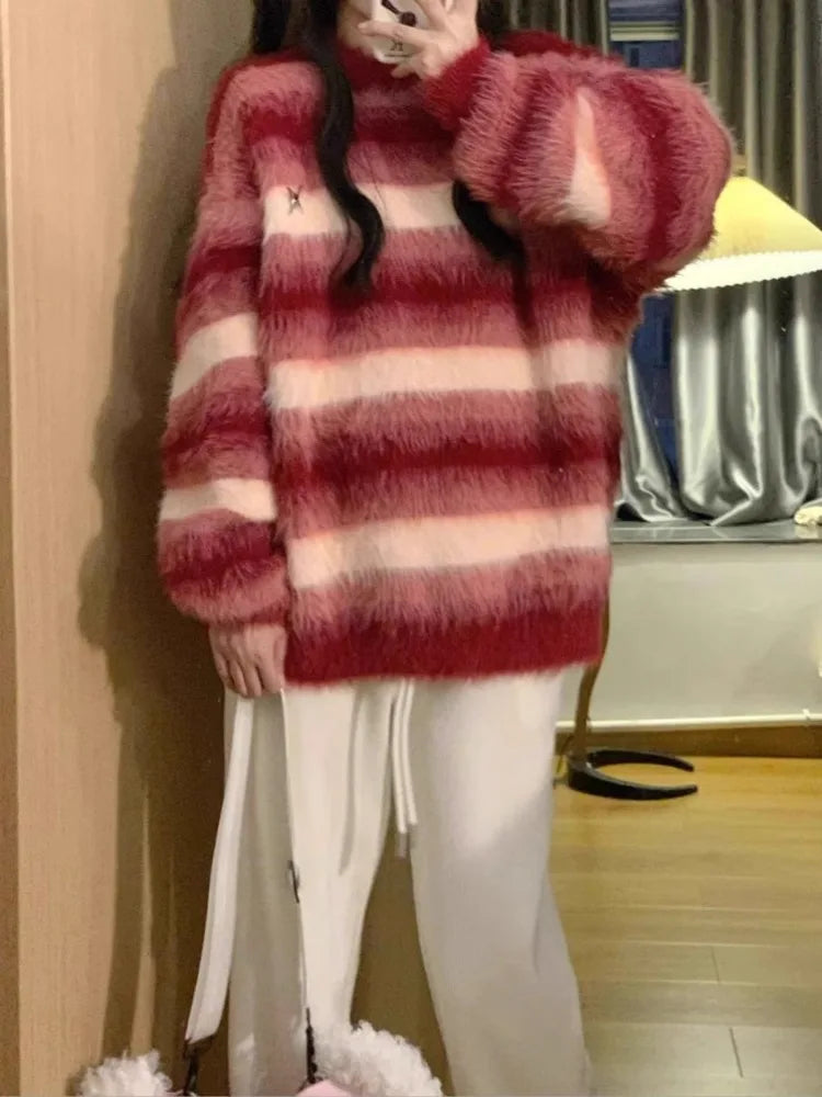 Pydshop Vintage Red Striped Gradient Mohair Lazy Sweater Autumn Winter New Knitted Pullover Y2k O-neck Long Sleeve Loose Tops Mujer