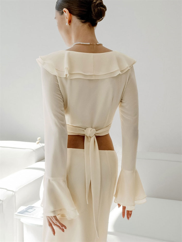 Pydshop  Ruffled V-Neck Mini Skirt Sets For Women Casual Summer Long Sleeve Patchwork Split Solid 2 Piece-Set Crop top Outfits