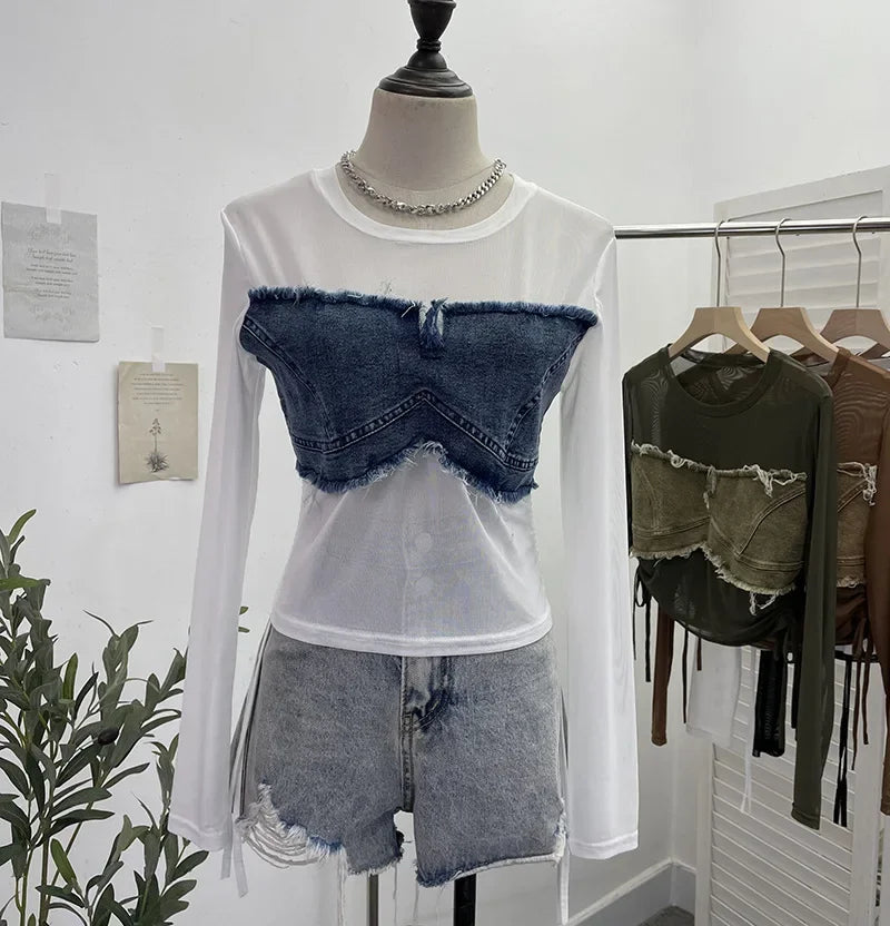 Pydshop Hot Girl American Retro Denim Mesh Patchwork Top Sexy See Through Drawstring Long Sleeve Short T-shirt Party Casual Streetwear