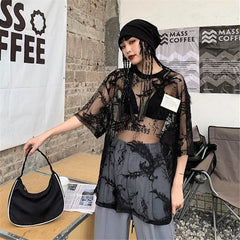 Pydshop Japanese O-neck Oversize Tee Shirt Summer Sexy See Through Mesh Lace T-shirt Y2k E-Girl Short Sleeve Bottoming Tops Women
