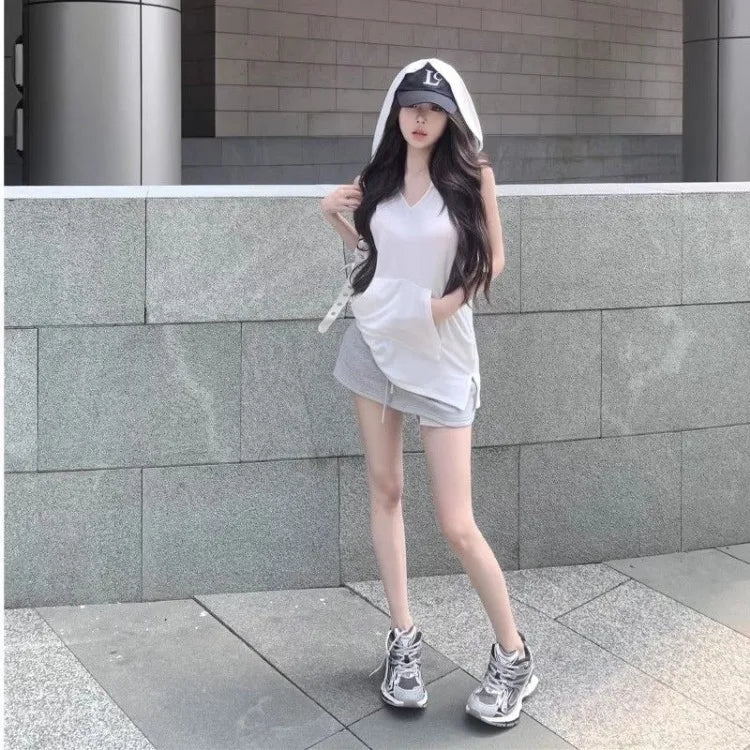 Pydshop American White Sleeveless Hooded T-shirt for Women 2024 Sumemr New  Tops Mujer Y2k Grunge Slim Fit  Tee Shirt