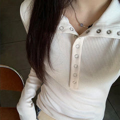 Pydshop Button Up Women's Knitted Sweater Y2K Long Sleeve Slim Fit Pullovers for Women Autumn Winter All Match Bottoming Tops
