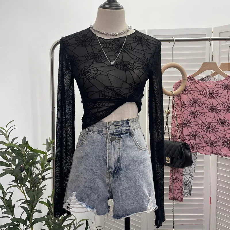 Pydshop Spider Print Mesh See Through Bottoming  Long Sleeve T-shirt Dark Hot Girl Slim Short Top y2k PartyClub Wear Daily Essential9908