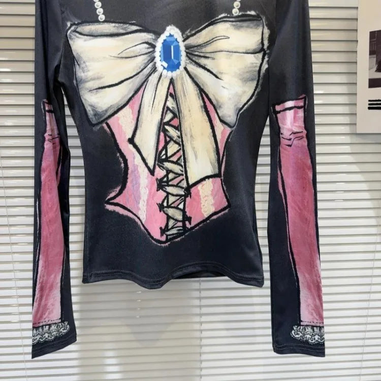 Pydshop Spring Autumn New Bottoming T-shirts Colorful Hand Drawn Bow Print O-neck Tee Shirt Y2k Slim Fit Long Sleeve Tops Women