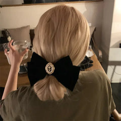 Pydshop Black Velvet Rose Bow Hair Clip Retro French Top Clip Small Fragrance Grab Hair Accessory