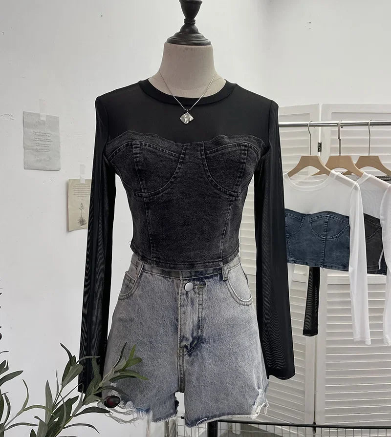 Pydshop Women Street Fake Two Piece Denim Splicing Mesh Long Sleeve Slim Fit Crop Top Y2K Top Casual Holiday PartyClub Streetwear 2623