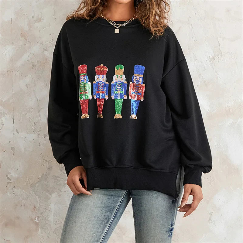 Pydshop Christmas Sequin Sweatshirt Funny Holiday Graphic Sweater Tops Print Crew Neck Long Sleeve Sweatshirts Women Party Clubwear