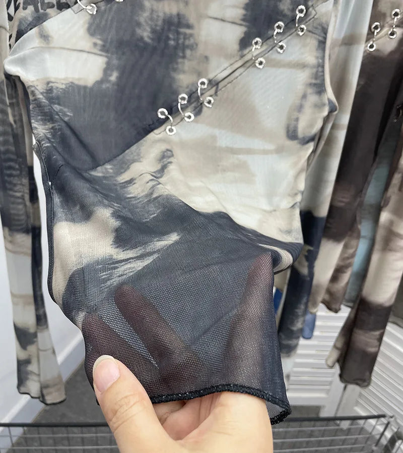 Pydshop Women's Retro Casual Bottom Long Sleeve T-Shirt Sexy Hollow Out Tie Dye Print Irregular Mesh Hot Girl Y2K Top Summer Party Shirt