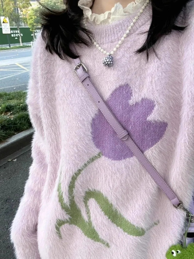 Pydshop Sweet Fashion Purple Waterproof Mink Pullovers Lazy All-match Loose Knitted Tops Women Y2k O-neck Long Sleeve Sweaters Mujer