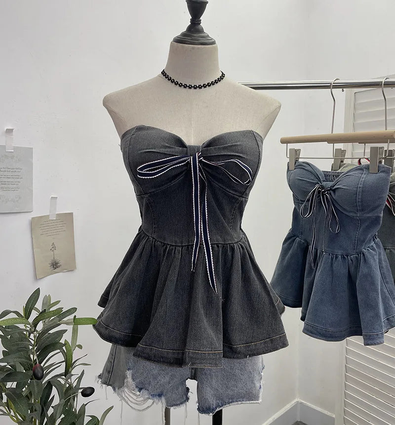 Pydshop Women's Button Down Padded Denim Tube Top With Bow Tie Halterneck Short Puffy Top BacklesVintage Harajuku Streetwear Tank Tops