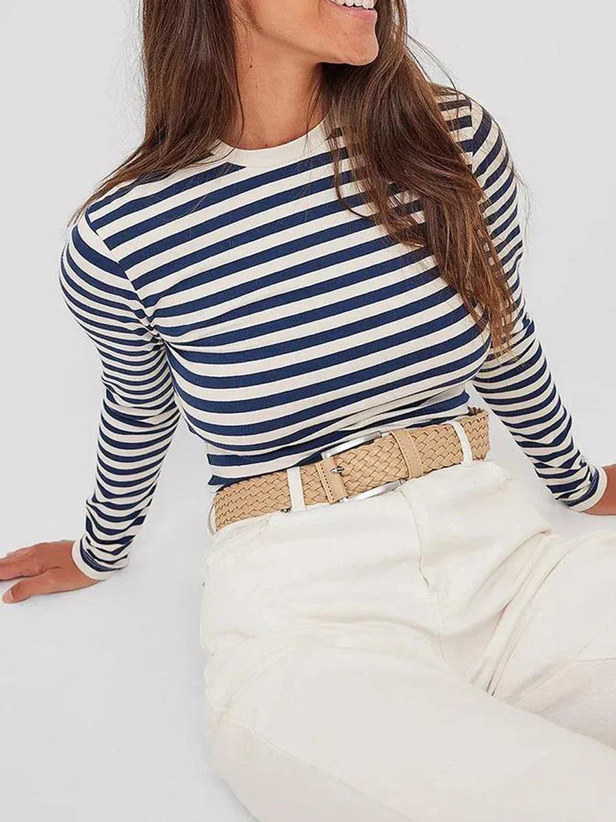 Pydshop Autumn Women Striped Long Sleeve Crop Top Casual Basic Tee Slim Fitted Crew Neck Pullover Tight Shirts Streetwear