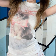 Pydshop Fashion Sweet Cute Cat Print O-neck Pink T-shirts Y2k Grunge Slim Fit Tops Women 2024 Summer New Short Sleeve Tee Shirt