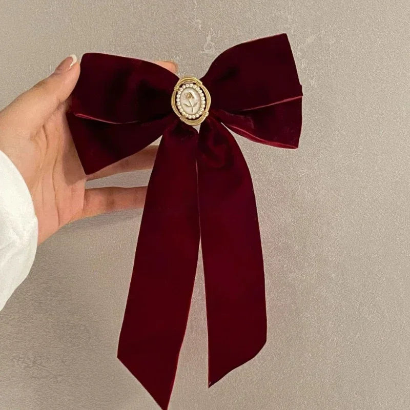 Pydshop Black Velvet Rose Bow Hair Clip Retro French Top Clip Small Fragrance Grab Hair Accessory