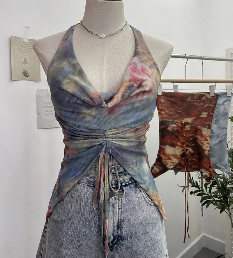 Pydshop Women's Resort Swing Collar Drawstring Strap Halter Vest Tie-Dye Mesh Top Sexy Backless Irregular Vest Party Leisure Essential