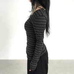 Pydshop Fairy Grunge Off Shoulder Crop Tops Striped Long Sleeve Slim Fit Tees Cyber Y2K T-shirt Women Autumn Spring Streetwear