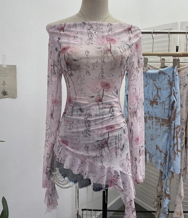 Pydshop Women Retro Ink Print Tie Dye See Through Mesh Long Sleeve Top Sexy One Shoulder Irregular Ruffled Top Y2k PartyClub StreetWear