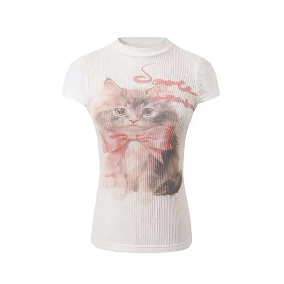 Pydshop Fashion Sweet Cute Cat Print O-neck Pink T-shirts Y2k Grunge Slim Fit Tops Women 2024 Summer New Short Sleeve Tee Shirt