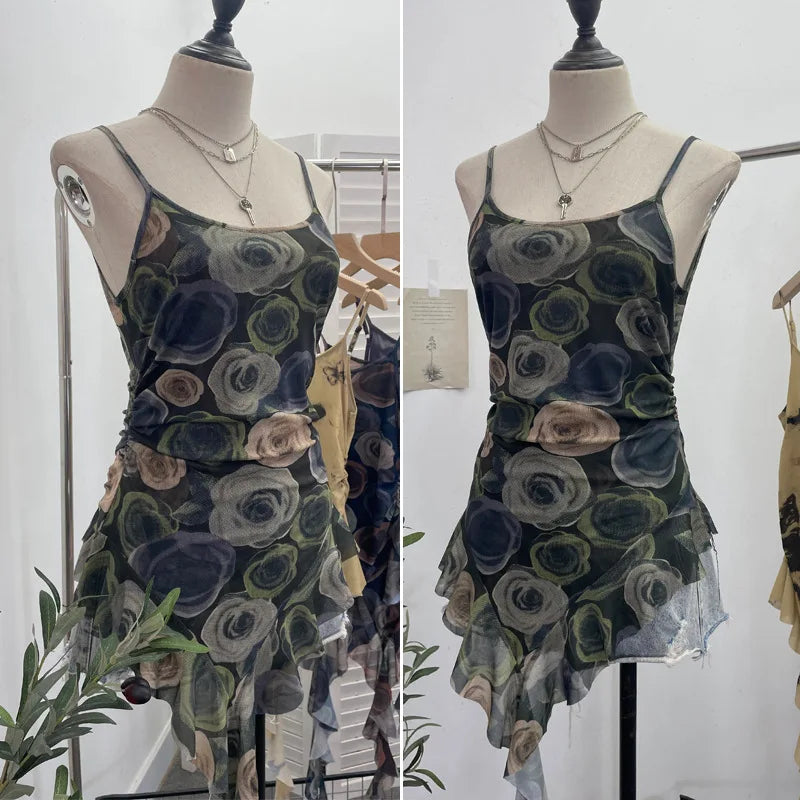 Pydshop Sexy Hot Girl Mesh Printed Camisole Slim Fit Irregular Ribbon Ruffled Sleeveless Top Ruffled Vest Party Essential Club Streewear
