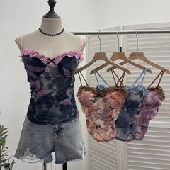 Pydshop Women Spaghetti Strap Lace Bow Slim Top Tie Dye Butterfly Print Tank Top Mesh Hot Girl Padded Tee Sexy Summer Vacation Y2K Vest