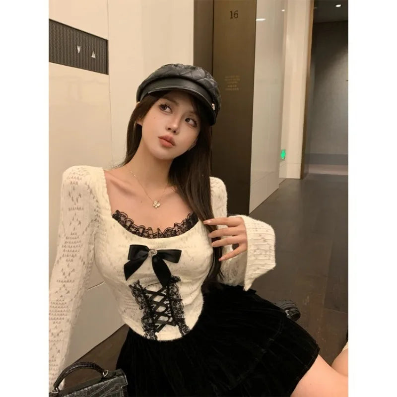 Pydshop Elegant Square Collar Bow Lace Tops Mujer 2024 Early Qutumn New T-shirt for Women Y2k E-Girl Slim Fit Long Sleeve Pullover