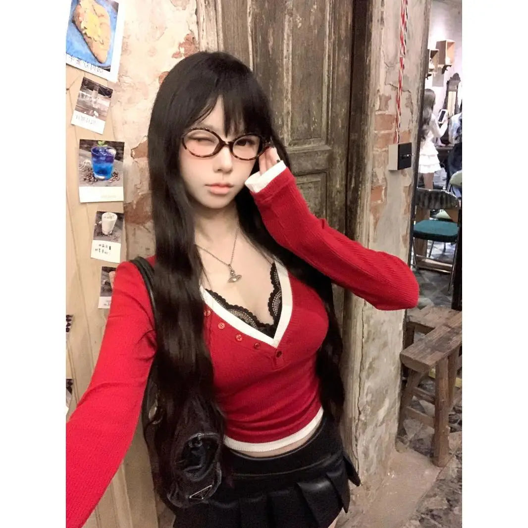 Pydshop Red Fake Two Piece Lace Patchwork V-neck Tops Mujer 2024 Early Autumn New T-ahirt for Women Y2k Slim Fit Long Sleeve Tee Shirt