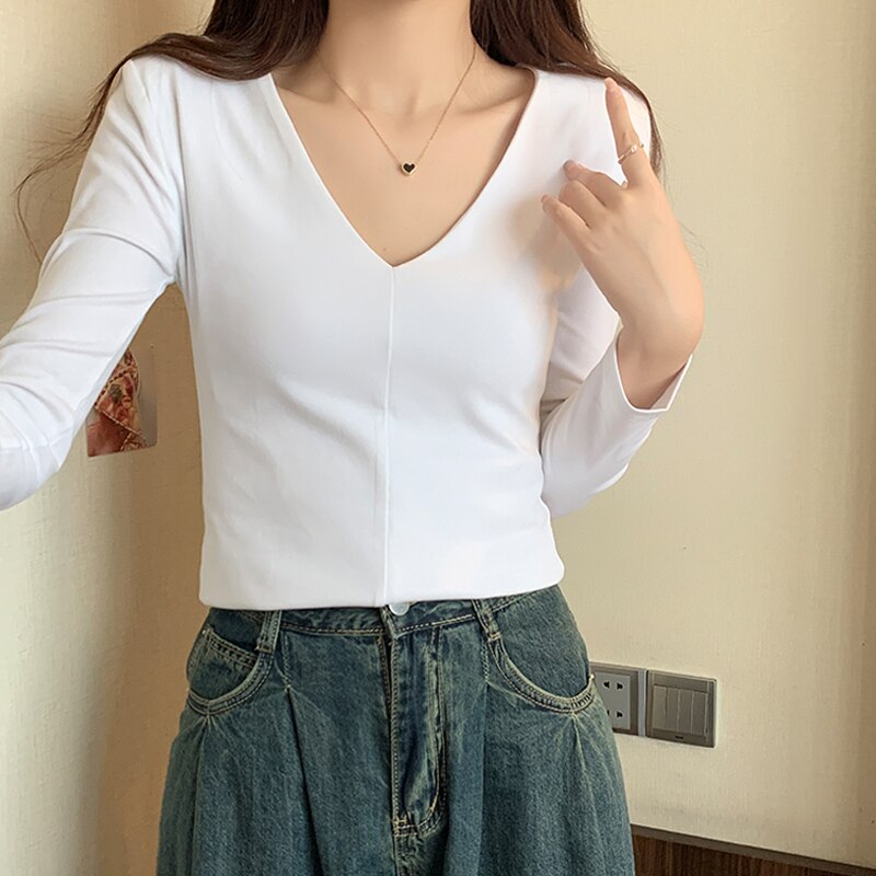 Pydshop Casual Cotton V Neck Long Sleeve T-shirt Women Autumn Shoulder Pad Slim Fit Female Tops Ladies Basic Elastic Tees Fall Outfits 2023