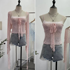 Pydshop Ladies Hottie Lace Bow Lace Up Camisole Short Irregular Streamer Long Sleeve Cardigan Top Knitted Two-Piece Set Y2K Sweety Top