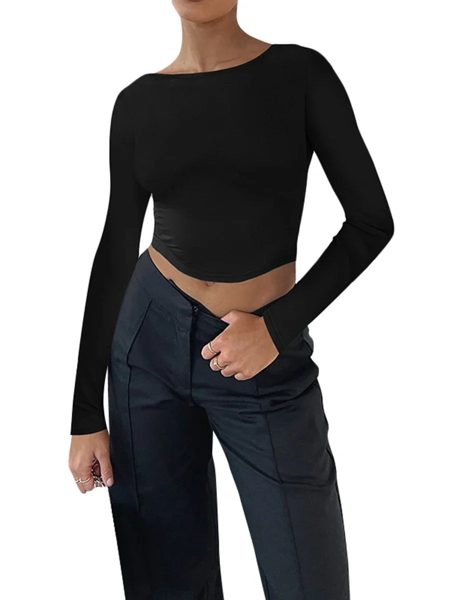 Pydshop 2024 Autumn Women Slim Fitted Long Sleeve T Shirt Casual Slim Crop Top Female Backless Tee Beach Sweat Top Streetwear