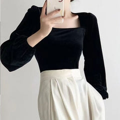 Pydshop Black Velvet Blouses Women Solid Minimalist Slim Elegant Blusas Ropa Mujer Square Collar Long Sleeve Autumn Tops Fall Outfits 2023