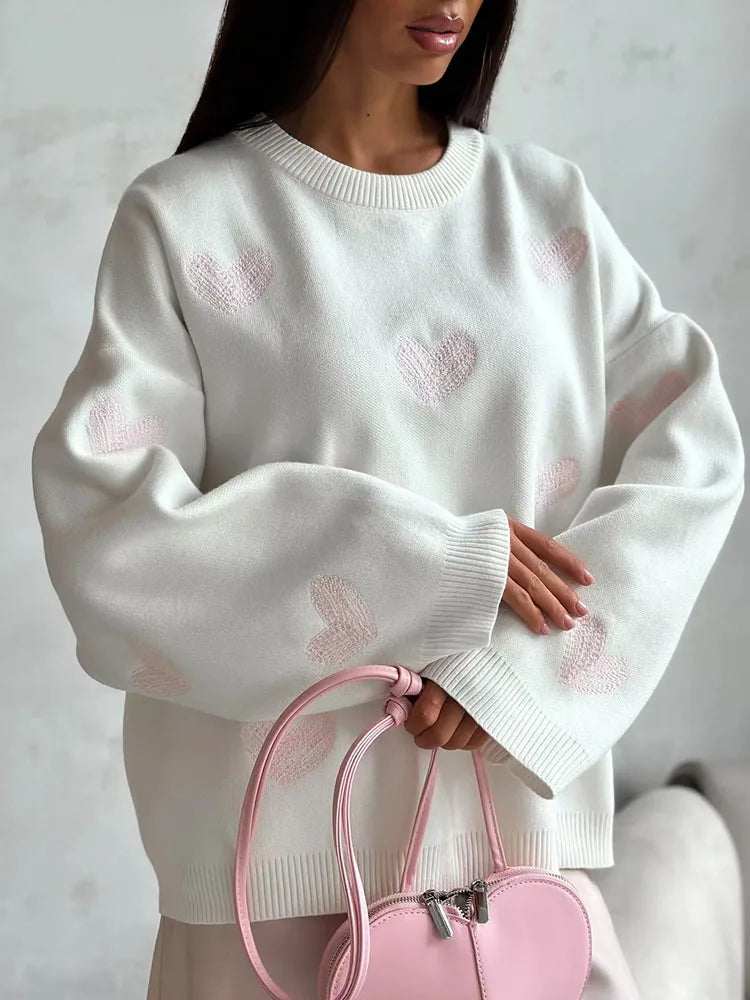 Pydshop Casual Heart Print Sweater Pullovers For Women Long Sleeve O Neck Fashion Loose Kniited Top Autumn Winter 2024 Streetwear