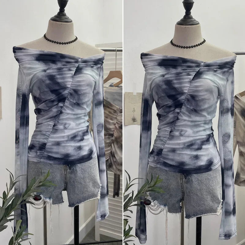 Pydshop Women's Retro One Shoulder Tie Dye Print Mesh Long Sleeve Top Irregular Pleated Slim T-shirt Blouse PartyClub Wear Streetwear
