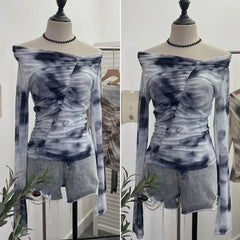 Pydshop Women's Retro One Shoulder Tie Dye Print Mesh Long Sleeve Top Irregular Pleated Slim T-shirt Blouse PartyClub Wear Streetwear