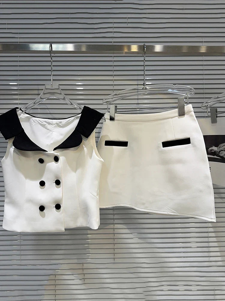 Pydshop Contrast Short Sleeve Buttoned Vest Top And Mini Skirt Set