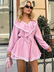 Pydshop Lace Ruffled Tops Shorts Fashion Set Ladies Pajamas Home Clothes Fashion Long Sleeve Top Cotton Casual Matching Sets Fall