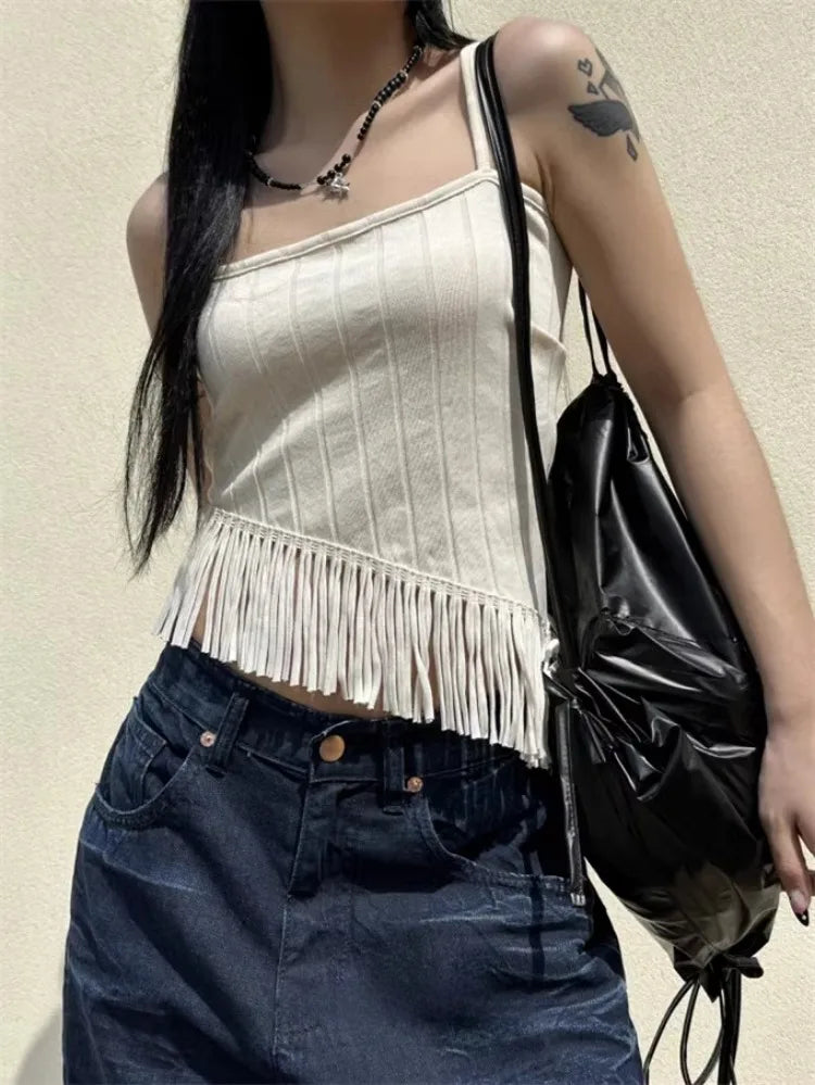 Pydshop Korean Sexy Backless Lace Up Camisole Tops Y2k E-Girl Slim Fit Tassel Tank Top 2024 Summer New Straight Black Vest for Women