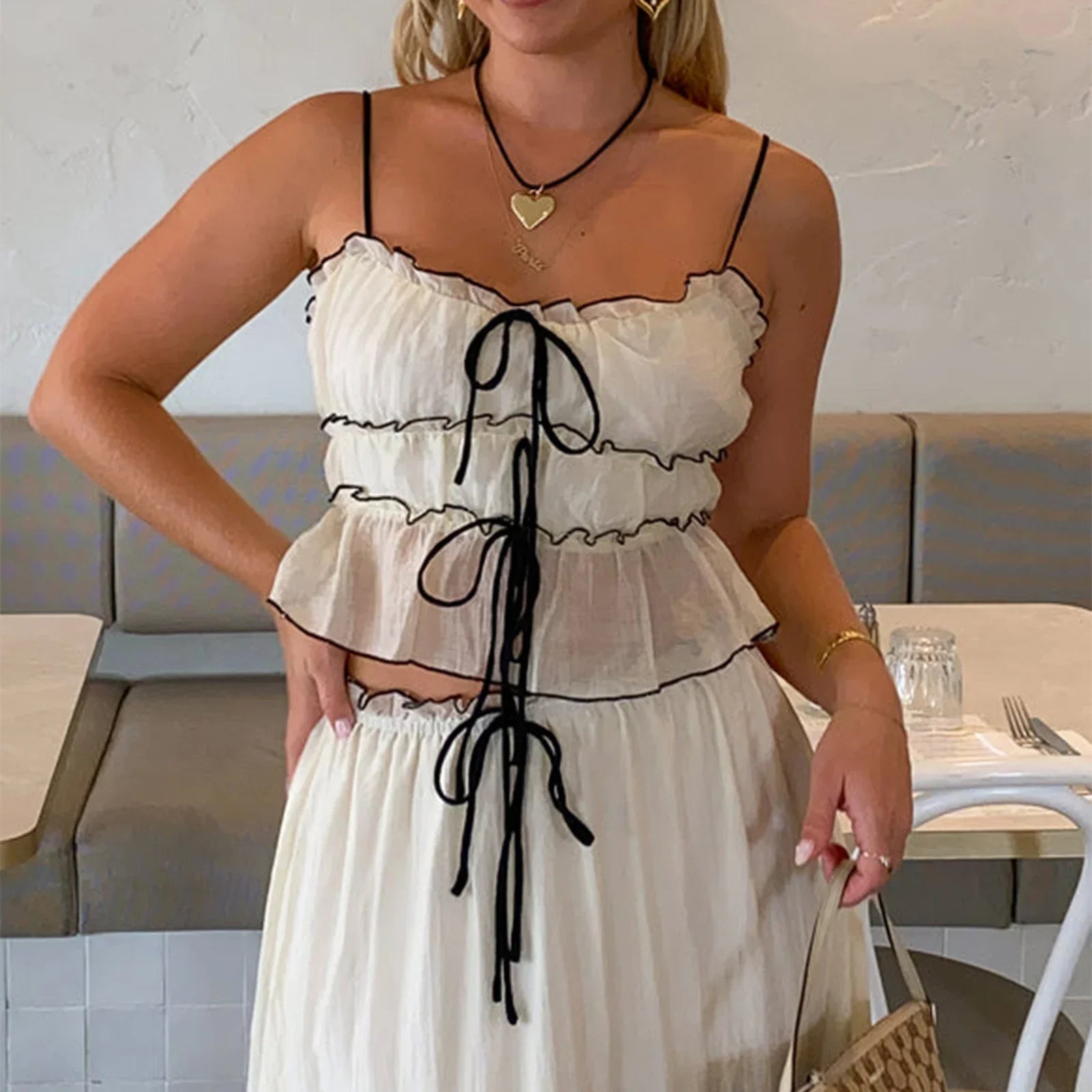 Pydshop Fairy Vintage Outfits Streetwear Elegant Holiday 2 Piece Ruffles Front Tie Up Crop Top Camis + High Waist A-line Maxi Long Skirt
