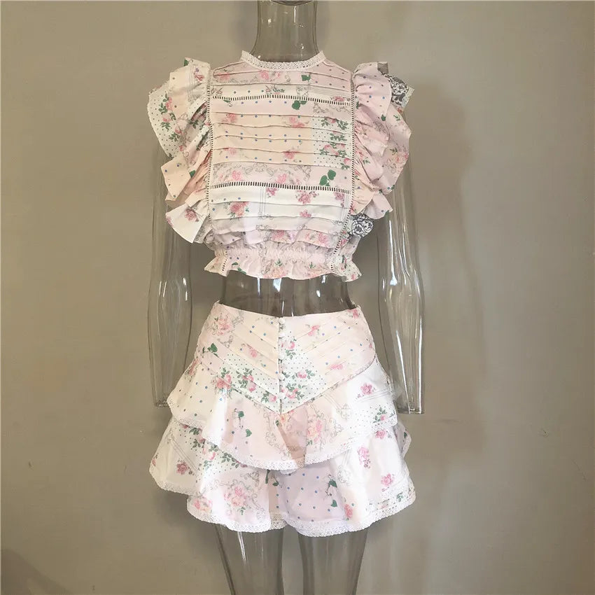 Pydshop High Quality 2023 Sunday Set elastic waistband Cropped top with ruffle detail and cute ruffle mini shorts skirts